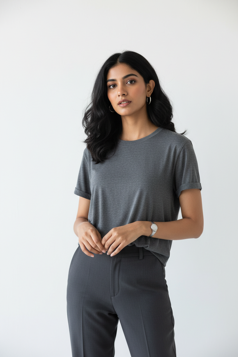 Woman model wearing Charcoal Grey Office Casual T-Shirt