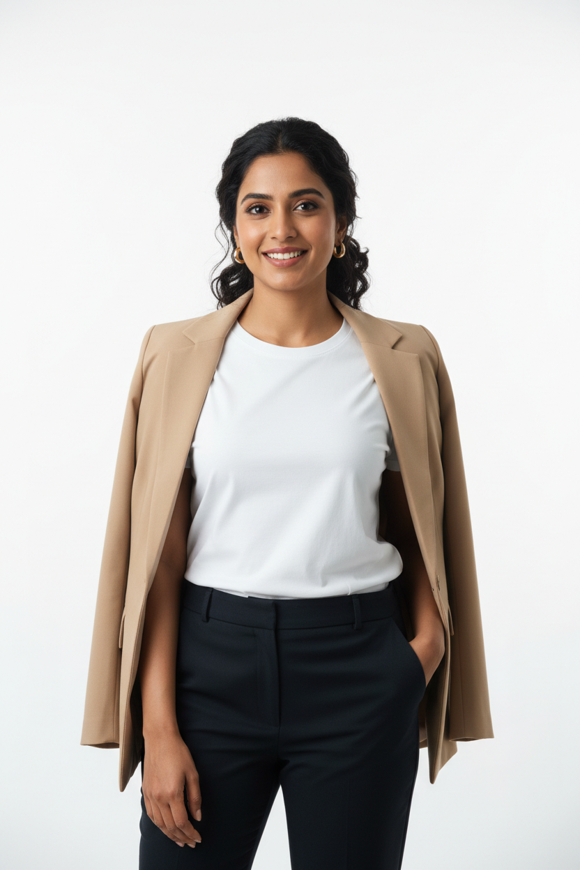 Woman model wearing White Office Casual T-Shirt