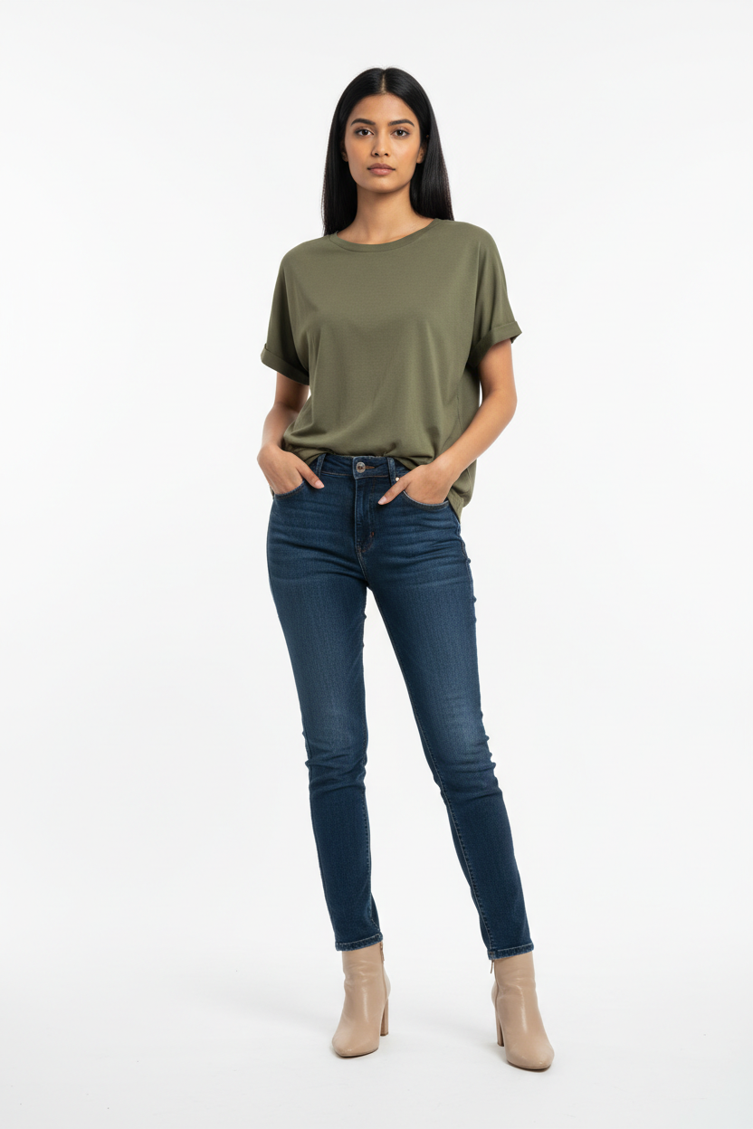 Woman model wearing Olive Green Office Casual T-Shirt