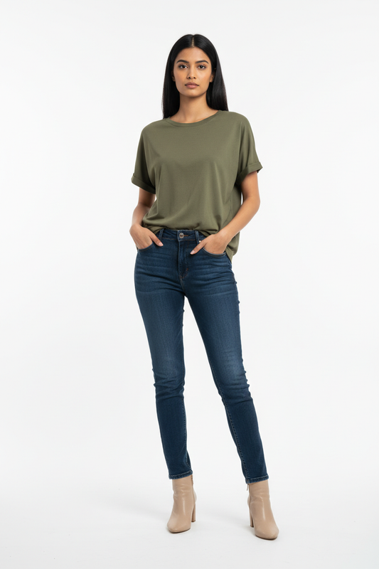 Woman model wearing Olive Green Office Casual T-Shirt